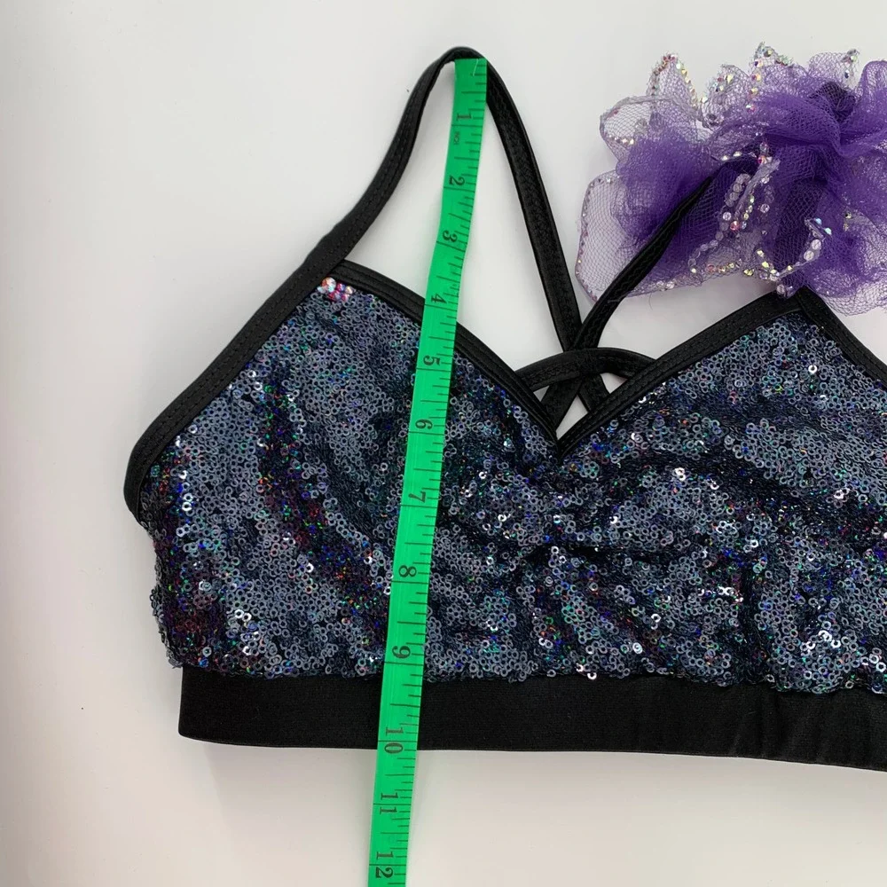 Black Sequin Dance Bra Top w/ Strappy Back & Matching Scrunchie Youth MC